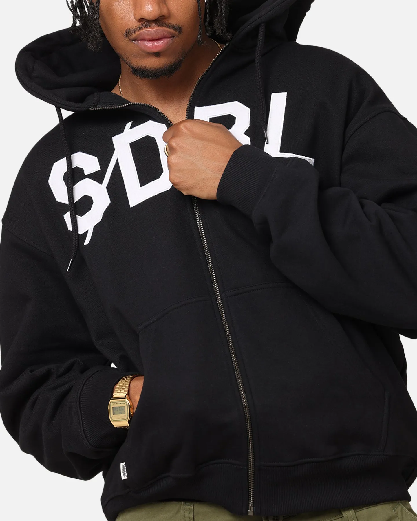 S Double Applique Zip-Up Hoodie Black