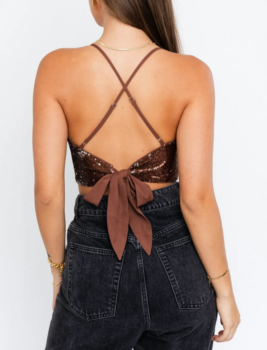 Sequin Crisscross Tie Back Crop Top