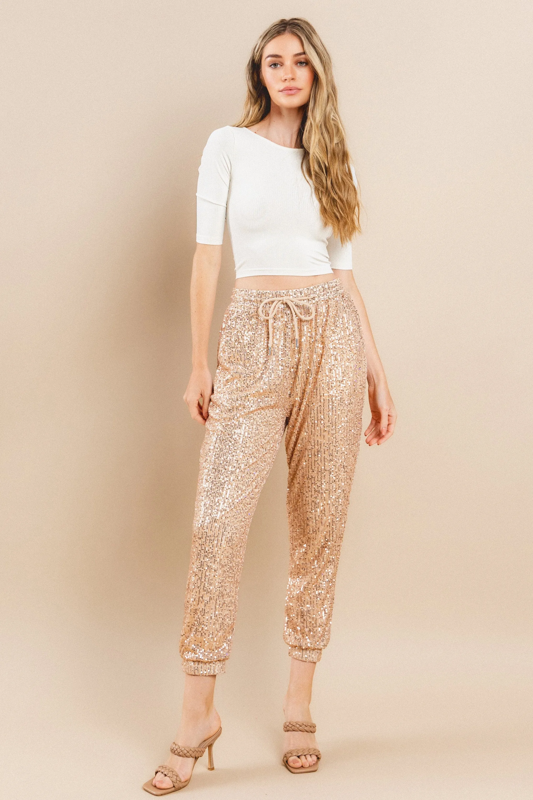 SEQUIN JOGGER PANTS W2408PIB ROSE GOLD
