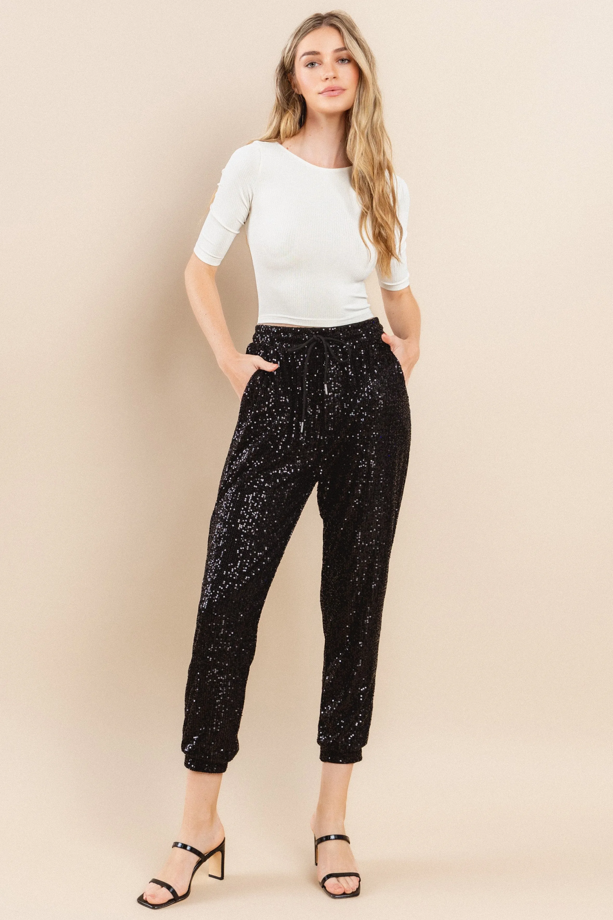 SEQUIN JOGGER PANTS W2408PIB ROSE GOLD