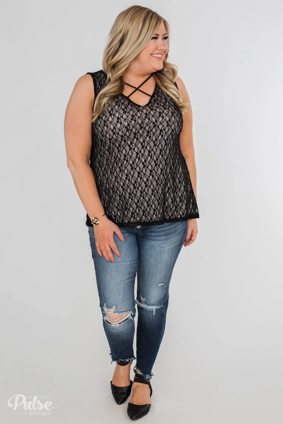Show It Off Criss-Cross Lace Tank- Black