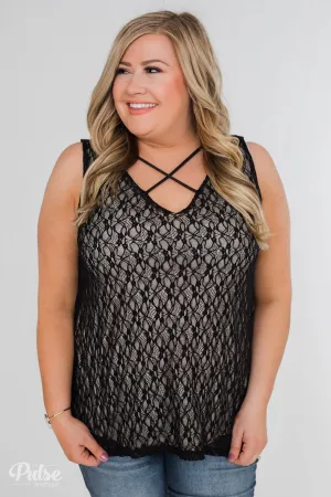 Show It Off Criss-Cross Lace Tank- Black