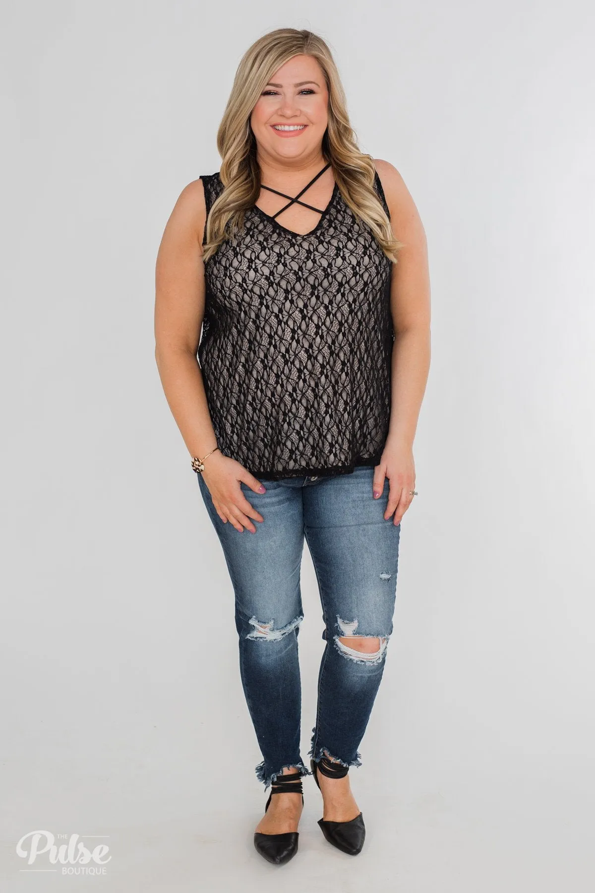 Show It Off Criss-Cross Lace Tank- Black