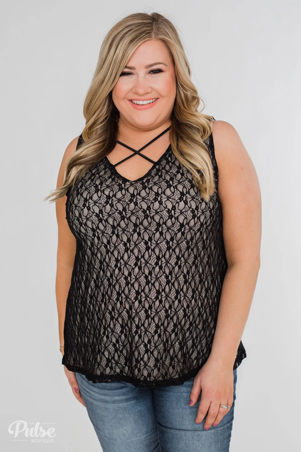 Show It Off Criss-Cross Lace Tank- Black