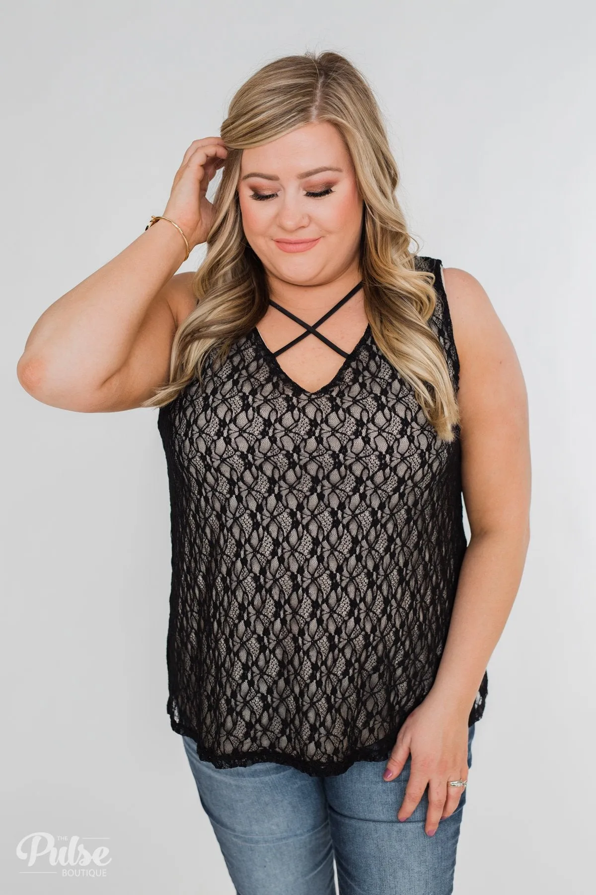 Show It Off Criss-Cross Lace Tank- Black