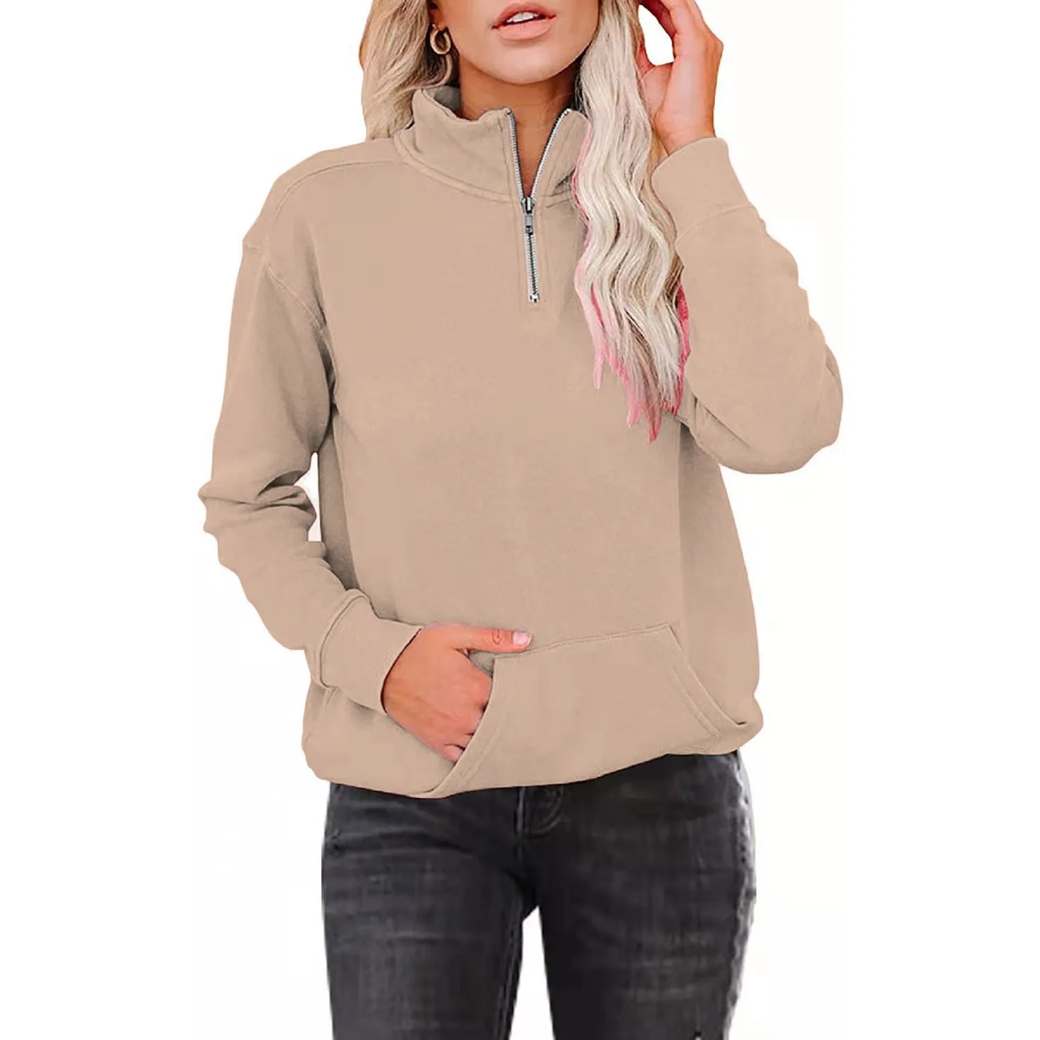 Simple Long Sleeved Zip Up Collar Sweater