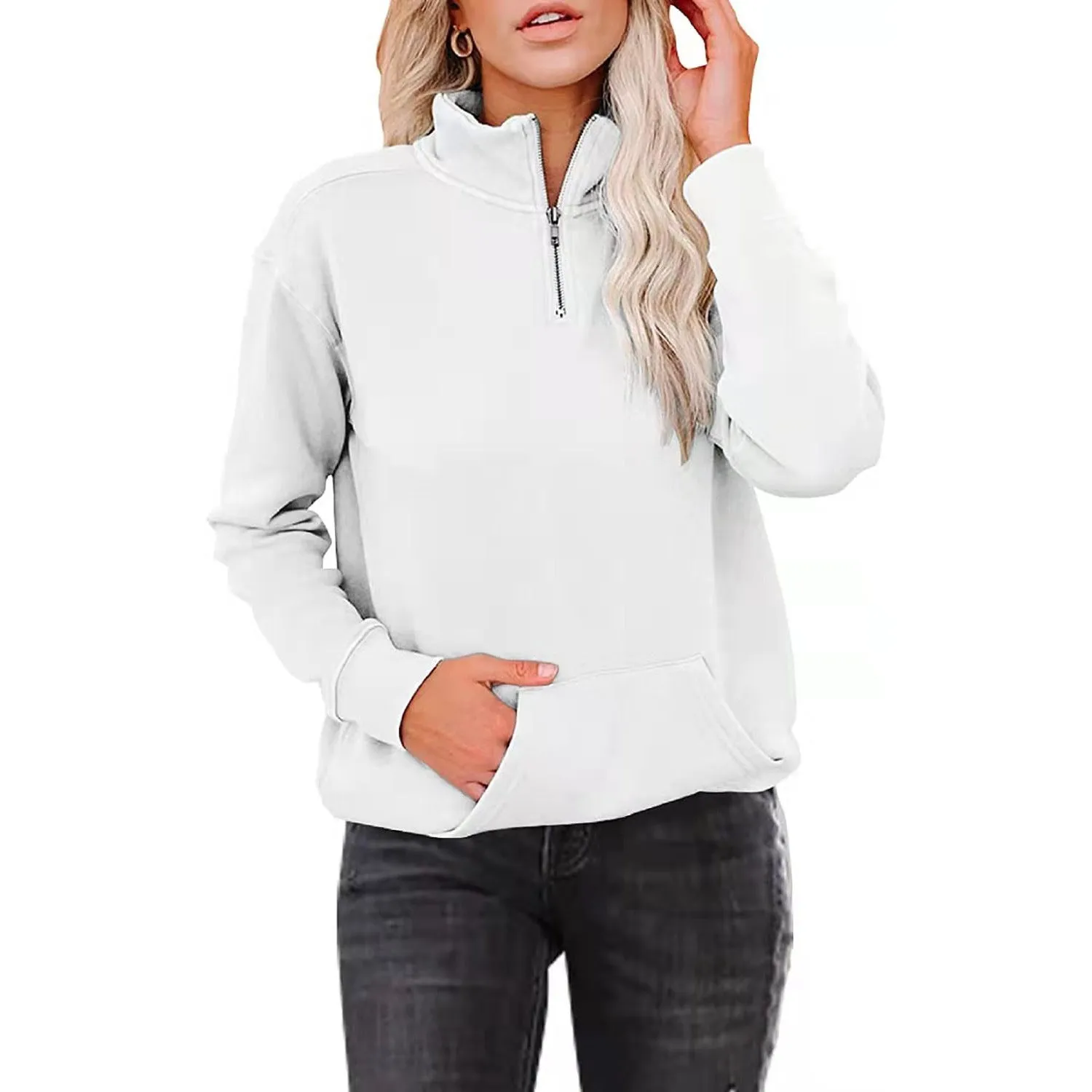 Simple Long Sleeved Zip Up Collar Sweater