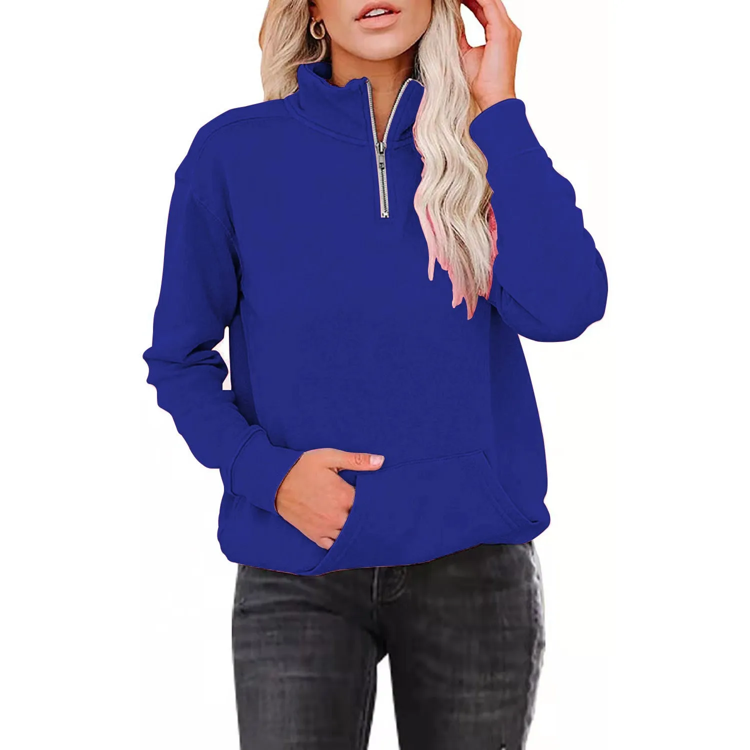 Simple Long Sleeved Zip Up Collar Sweater