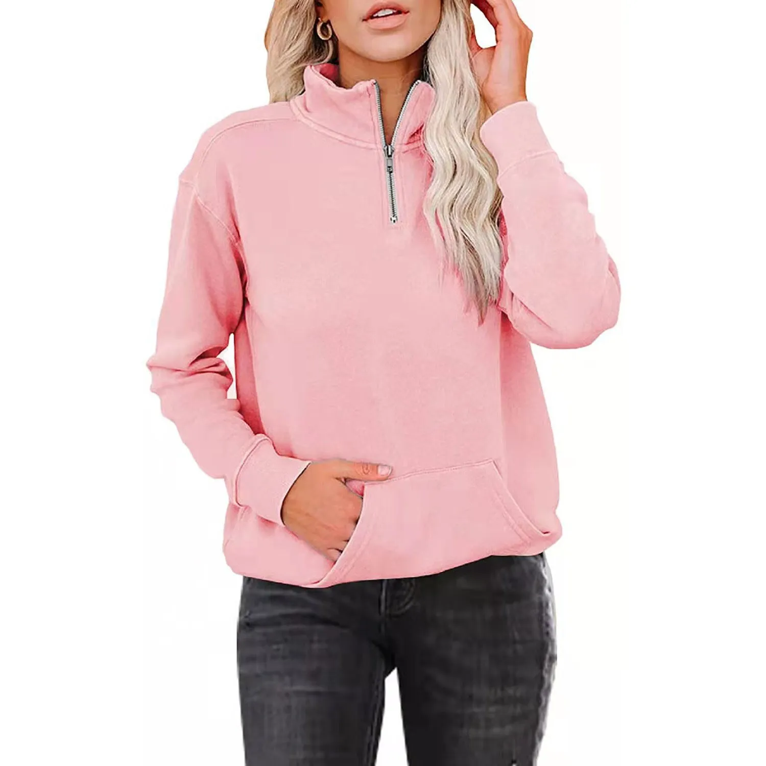 Simple Long Sleeved Zip Up Collar Sweater