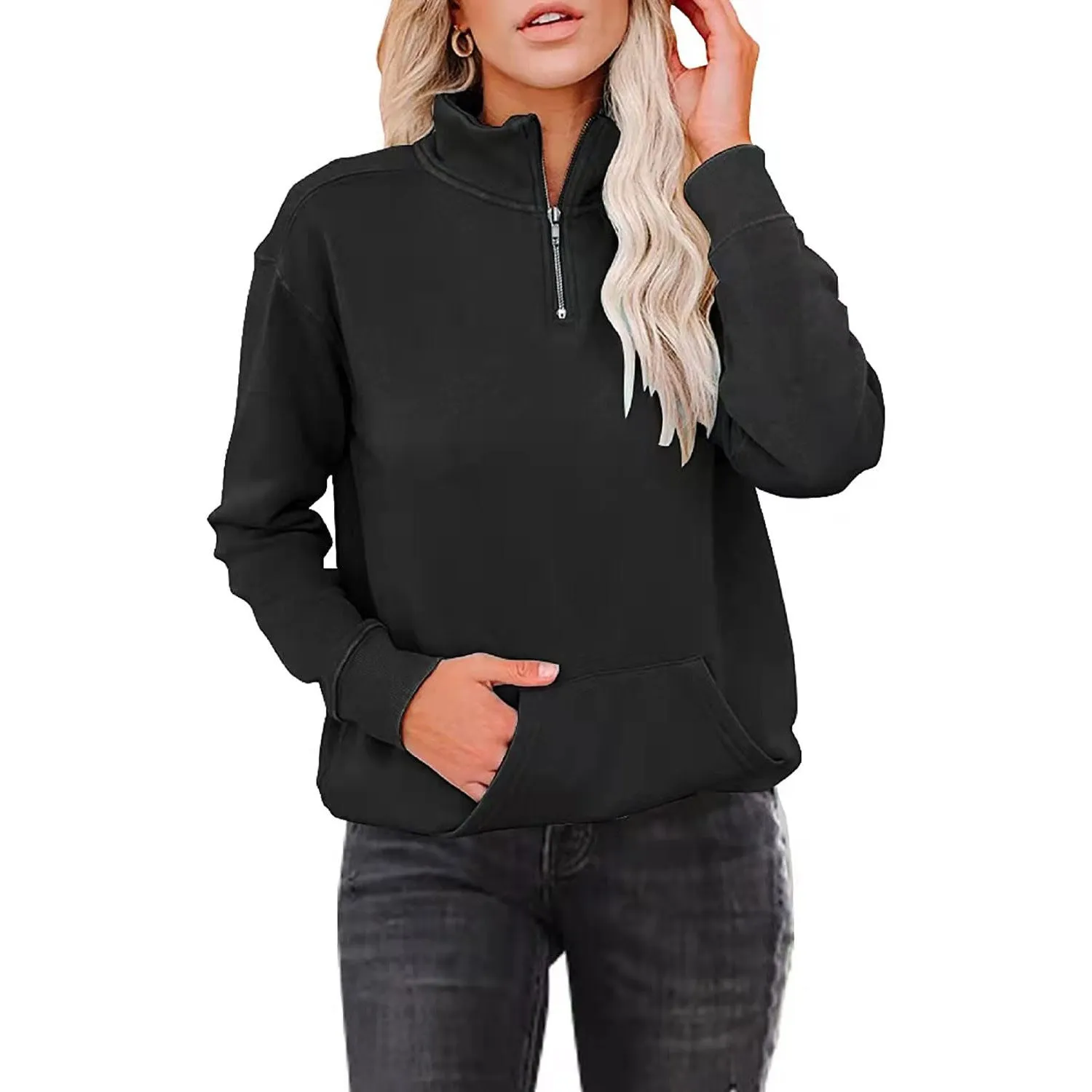 Simple Long Sleeved Zip Up Collar Sweater