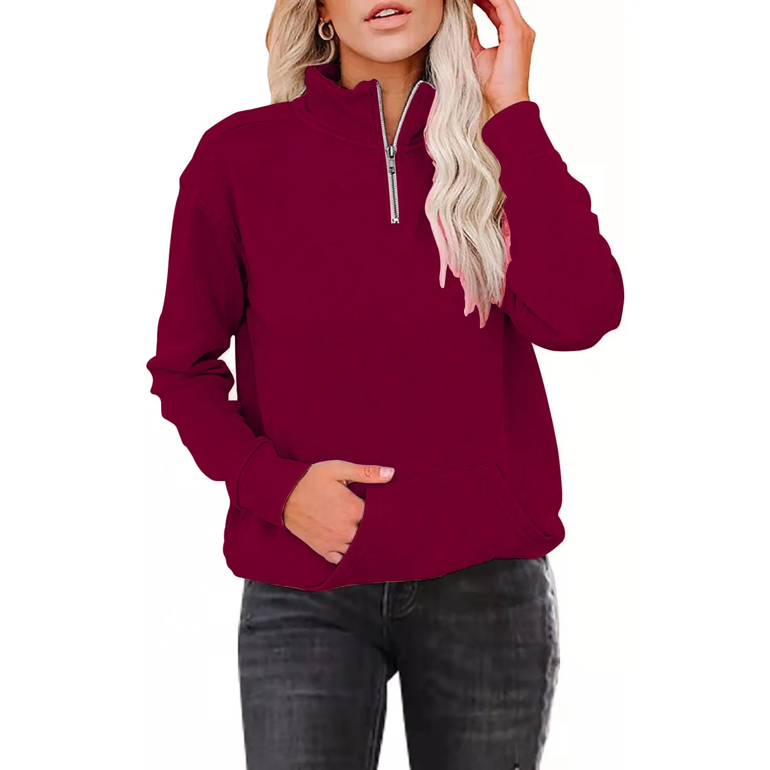 Simple Long Sleeved Zip Up Collar Sweater