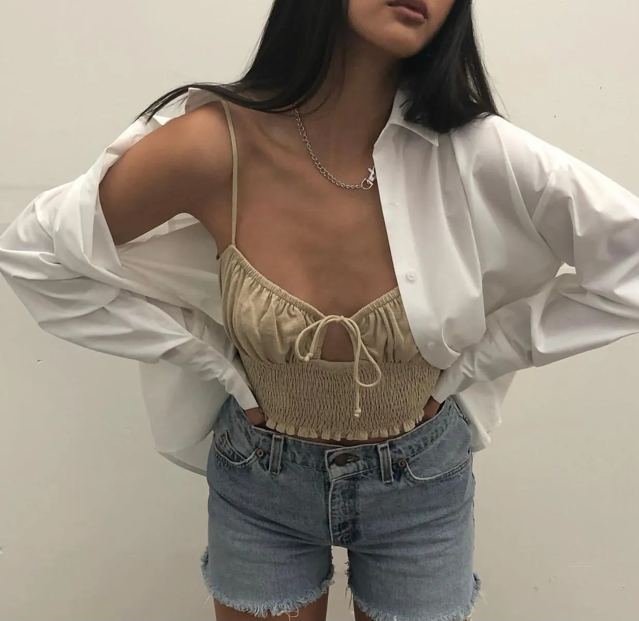 Smock Linen Key Hole Crop Top