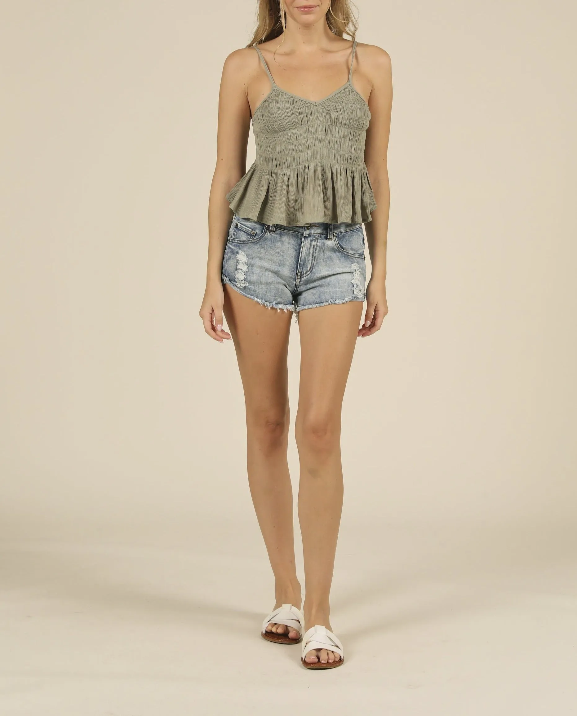 Smocked Crinkle Spaghetti Strap Peplum Top
