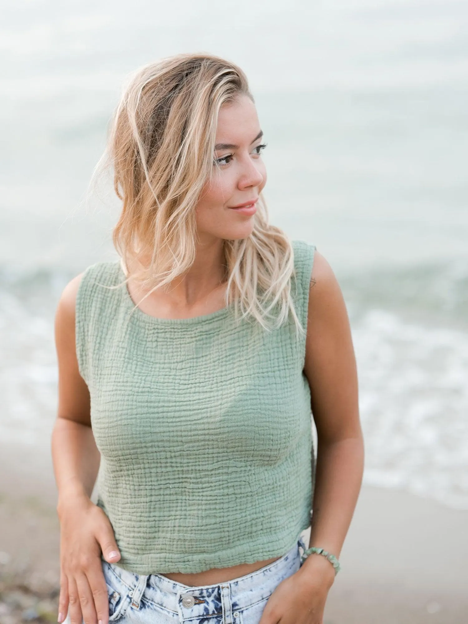 Soft Muslin Cotton Sleeveless Green Blouse