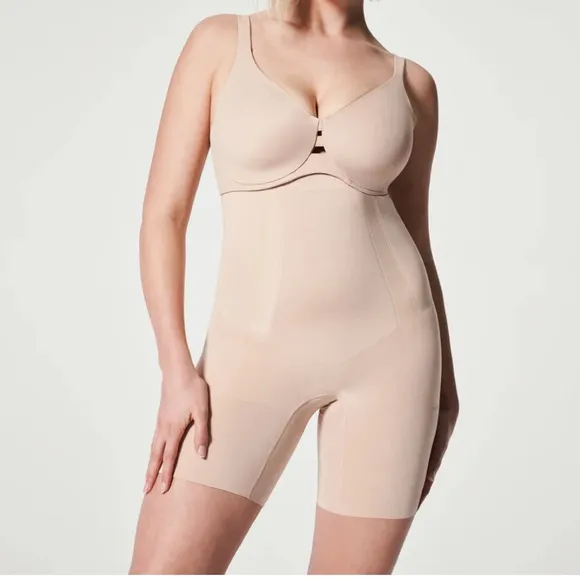 Spanx High Waisted Mid Thigh Shorts in Soft Nude