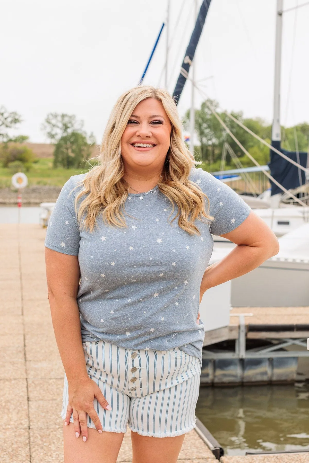Stars Never Fade Short Sleeve Top- Dusty Blue
