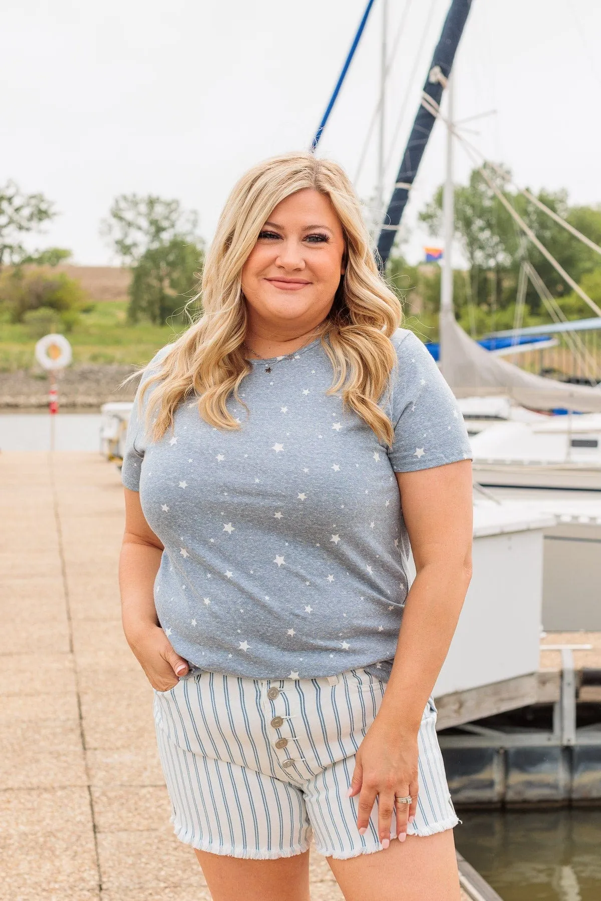 Stars Never Fade Short Sleeve Top- Dusty Blue
