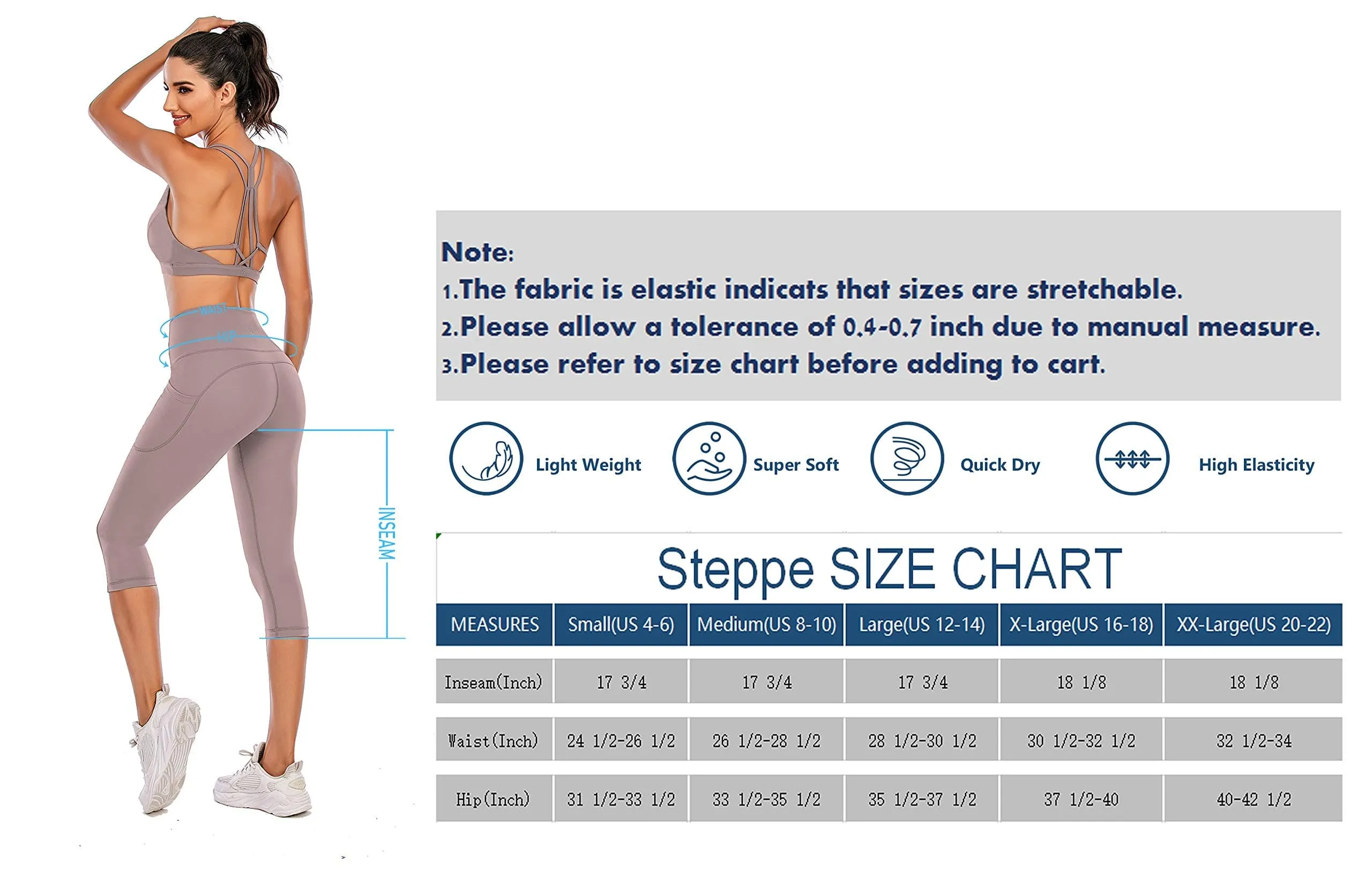 Steppe Naked Feeling High Waisted Yoga Pants Women's Workout Capris Leggings with Pockets Tummy Control Buttery Soft Running Compression Capris for Athletic Gym Exercise Fitness Grey Pink