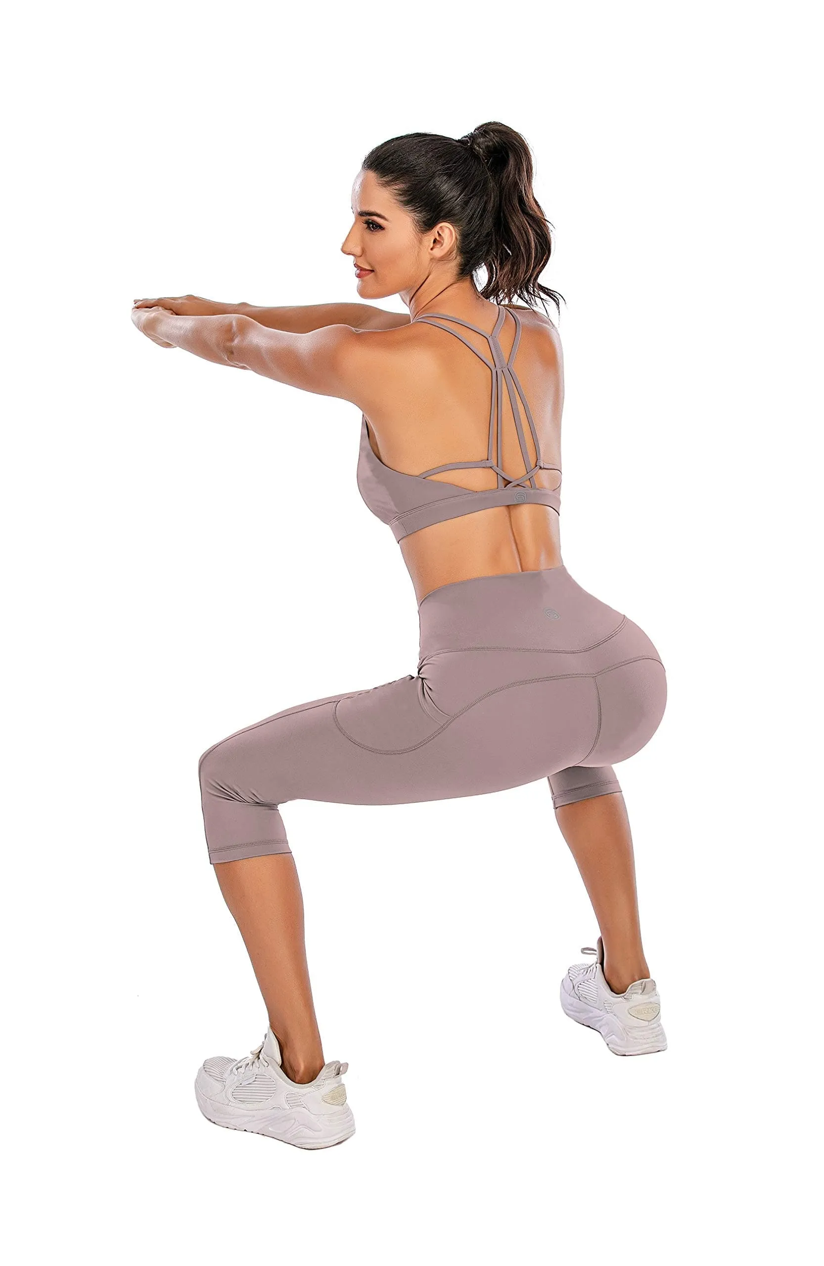 Steppe Naked Feeling High Waisted Yoga Pants Women's Workout Capris Leggings with Pockets Tummy Control Buttery Soft Running Compression Capris for Athletic Gym Exercise Fitness Grey Pink