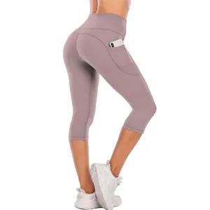 Steppe Naked Feeling High Waisted Yoga Pants Women's Workout Capris Leggings with Pockets Tummy Control Buttery Soft Running Compression Capris for Athletic Gym Exercise Fitness Grey Pink