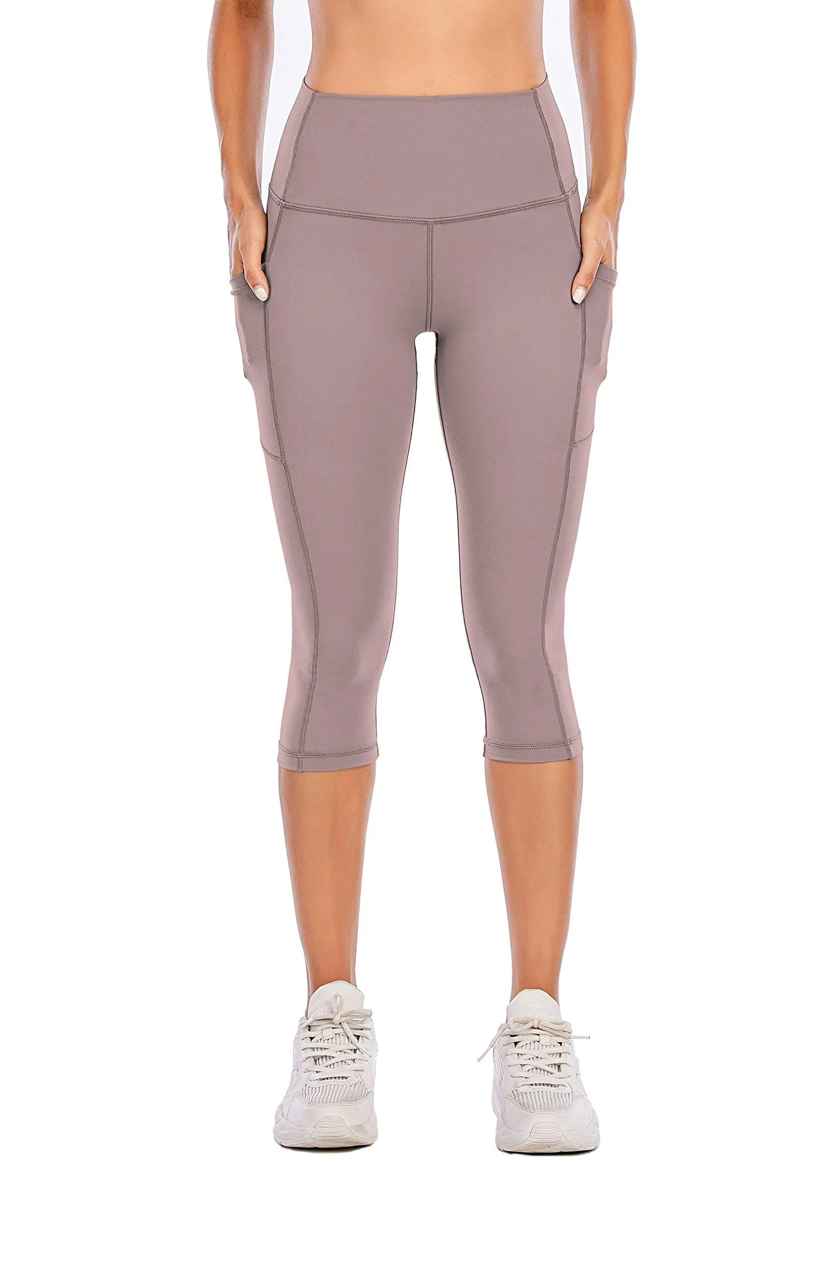 Steppe Naked Feeling High Waisted Yoga Pants Women's Workout Capris Leggings with Pockets Tummy Control Buttery Soft Running Compression Capris for Athletic Gym Exercise Fitness Grey Pink