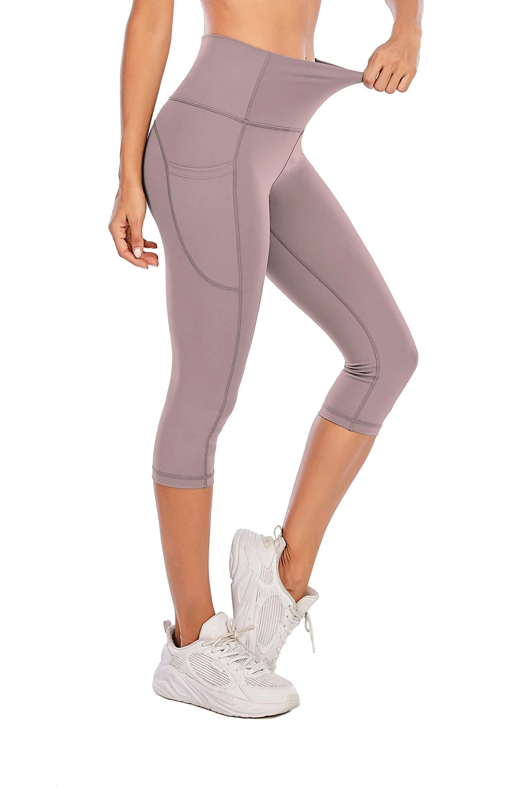 Steppe Naked Feeling High Waisted Yoga Pants Women's Workout Capris Leggings with Pockets Tummy Control Buttery Soft Running Compression Capris for Athletic Gym Exercise Fitness Grey Pink