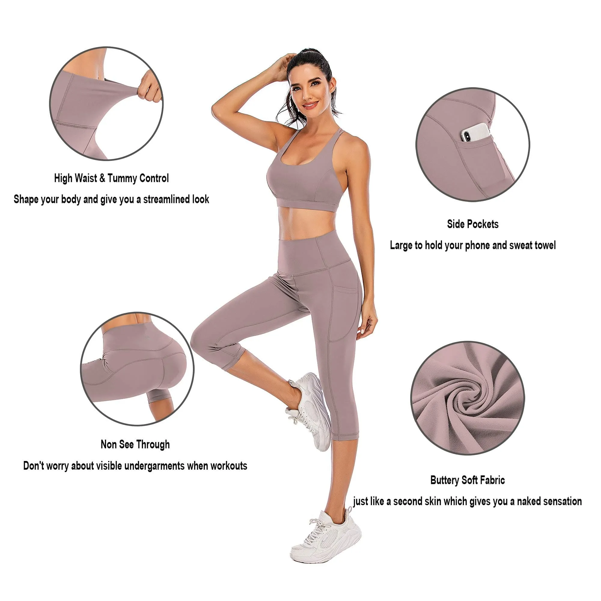 Steppe Naked Feeling High Waisted Yoga Pants Women's Workout Capris Leggings with Pockets Tummy Control Buttery Soft Running Compression Capris for Athletic Gym Exercise Fitness Grey Pink