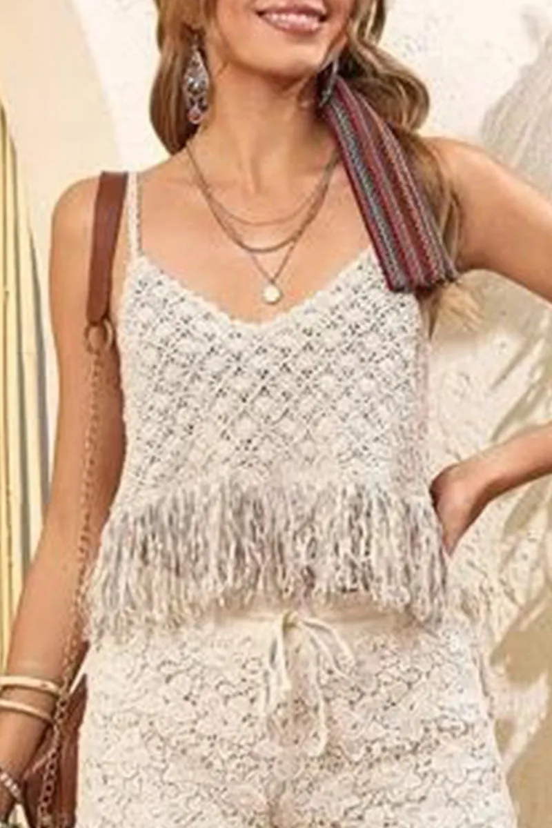 Street Solid Tassel V Neck Tops