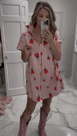 Stripe Poppy V Neck Shirt Dress - Pink