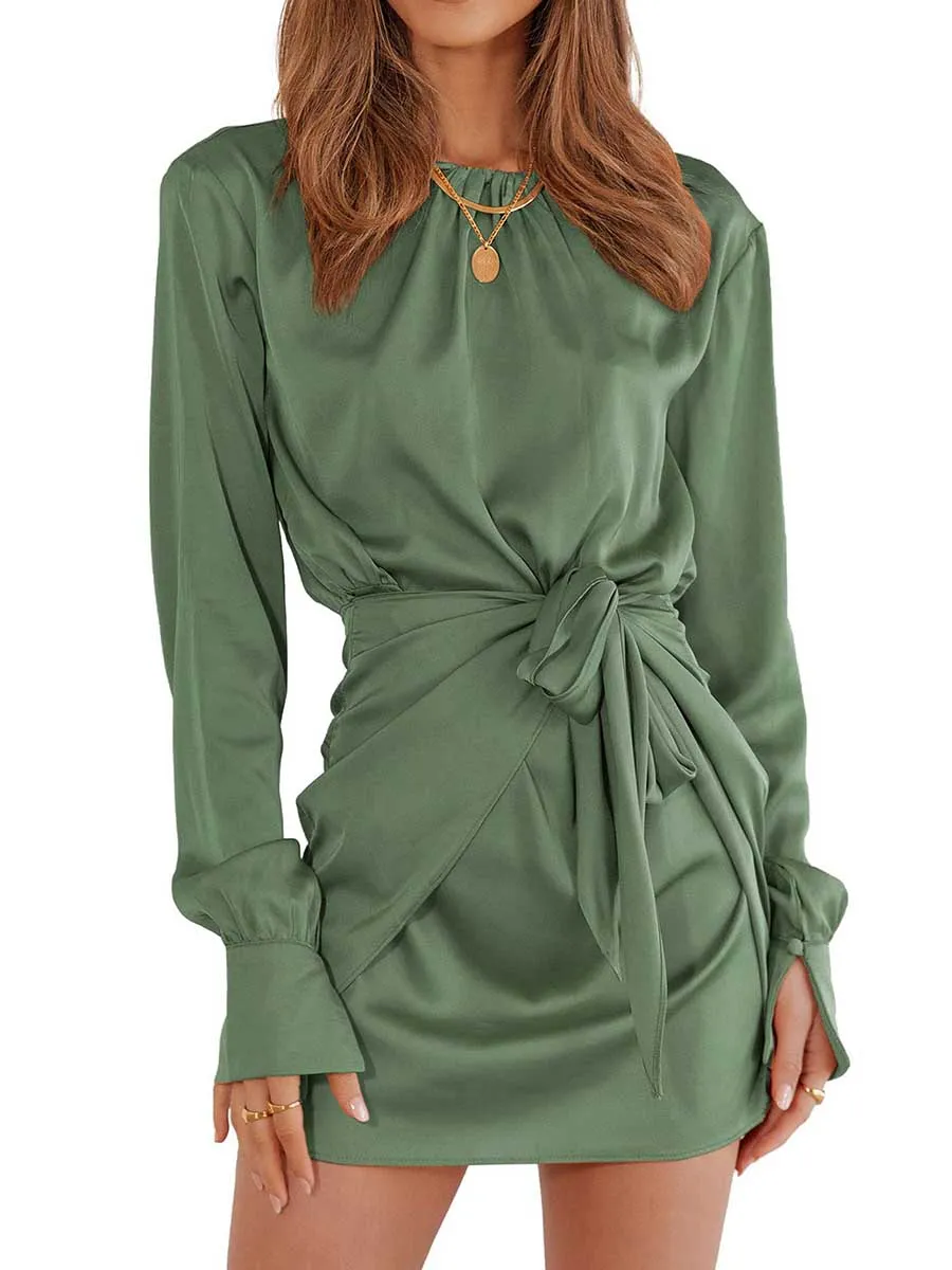 Stunncal Long Sleeve Round Neck Tie Dress