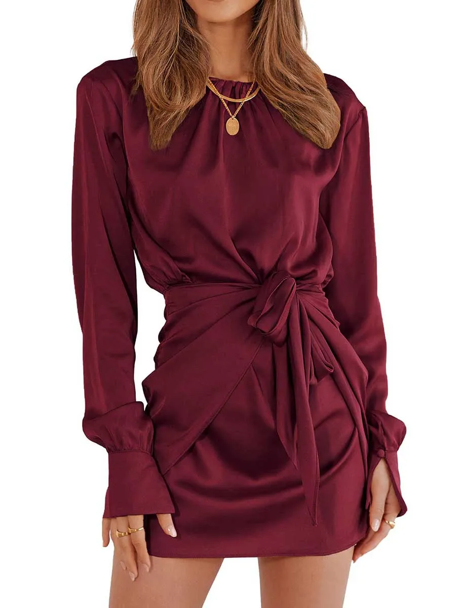 Stunncal Long Sleeve Round Neck Tie Dress