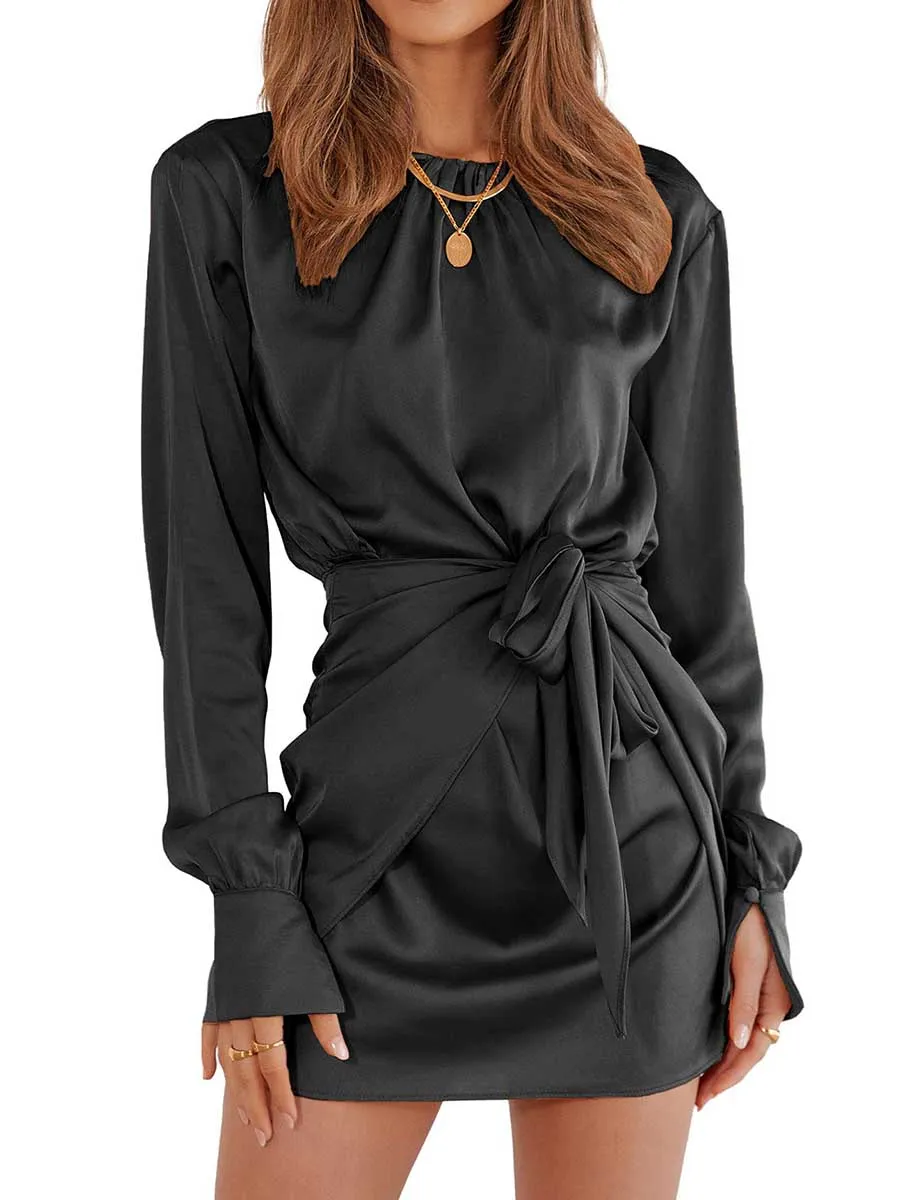 Stunncal Long Sleeve Round Neck Tie Dress