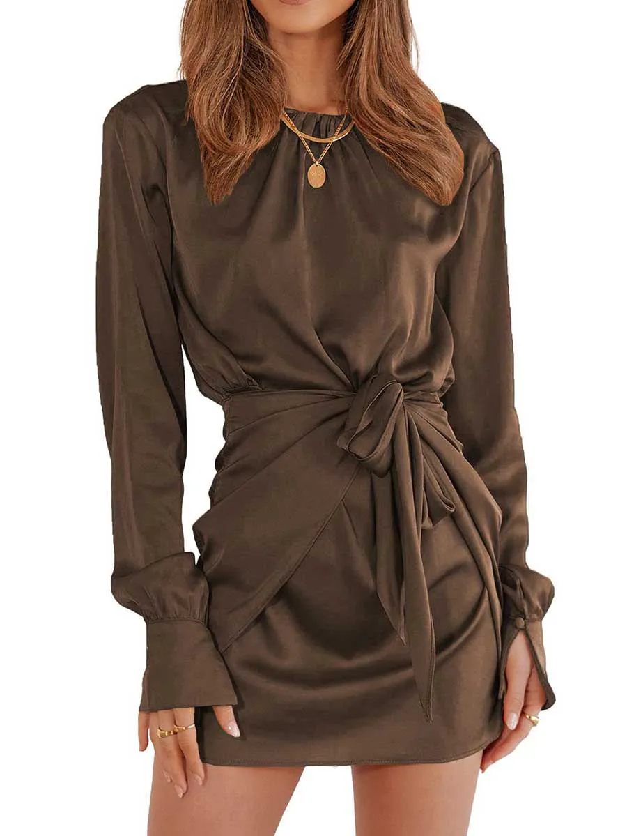Stunncal Long Sleeve Round Neck Tie Dress