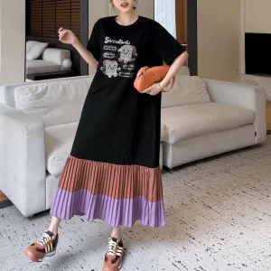 Stylish Women's Patchwork T-Shirt Dress with Pleated Hem