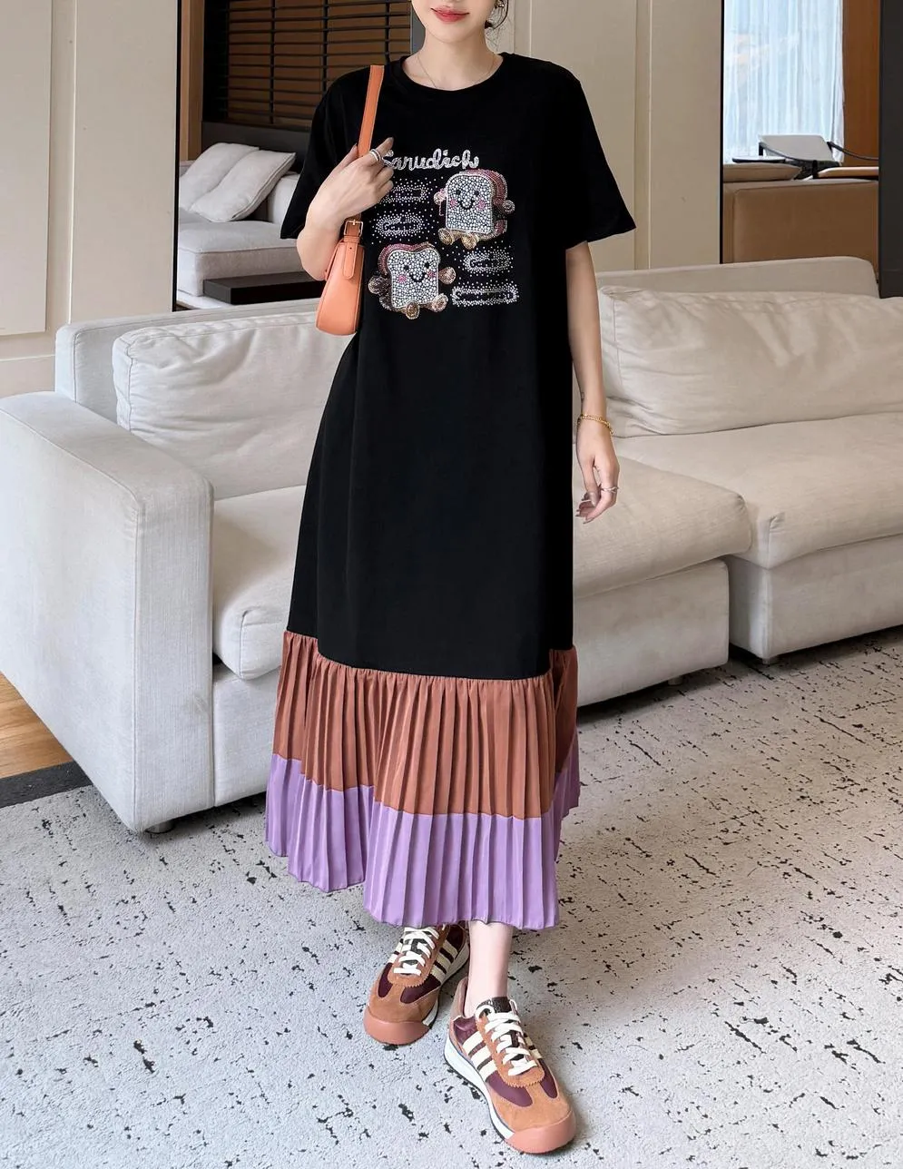 Stylish Women's Patchwork T-Shirt Dress with Pleated Hem