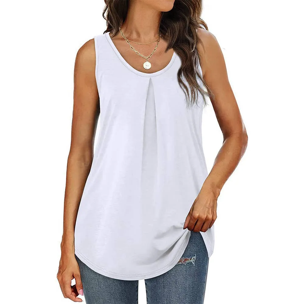 Summer Tank Tops V-neck Sleeveless Pleated Tops