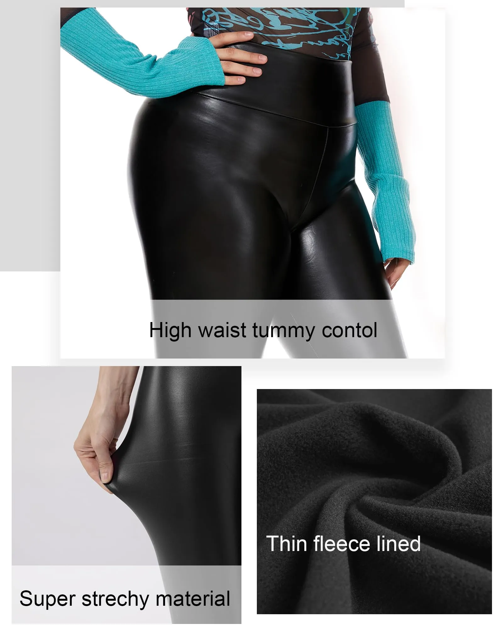 Tagoo Women's Stretchy Faux Leather Leggings Pants, Sexy Black High Waisted Tights