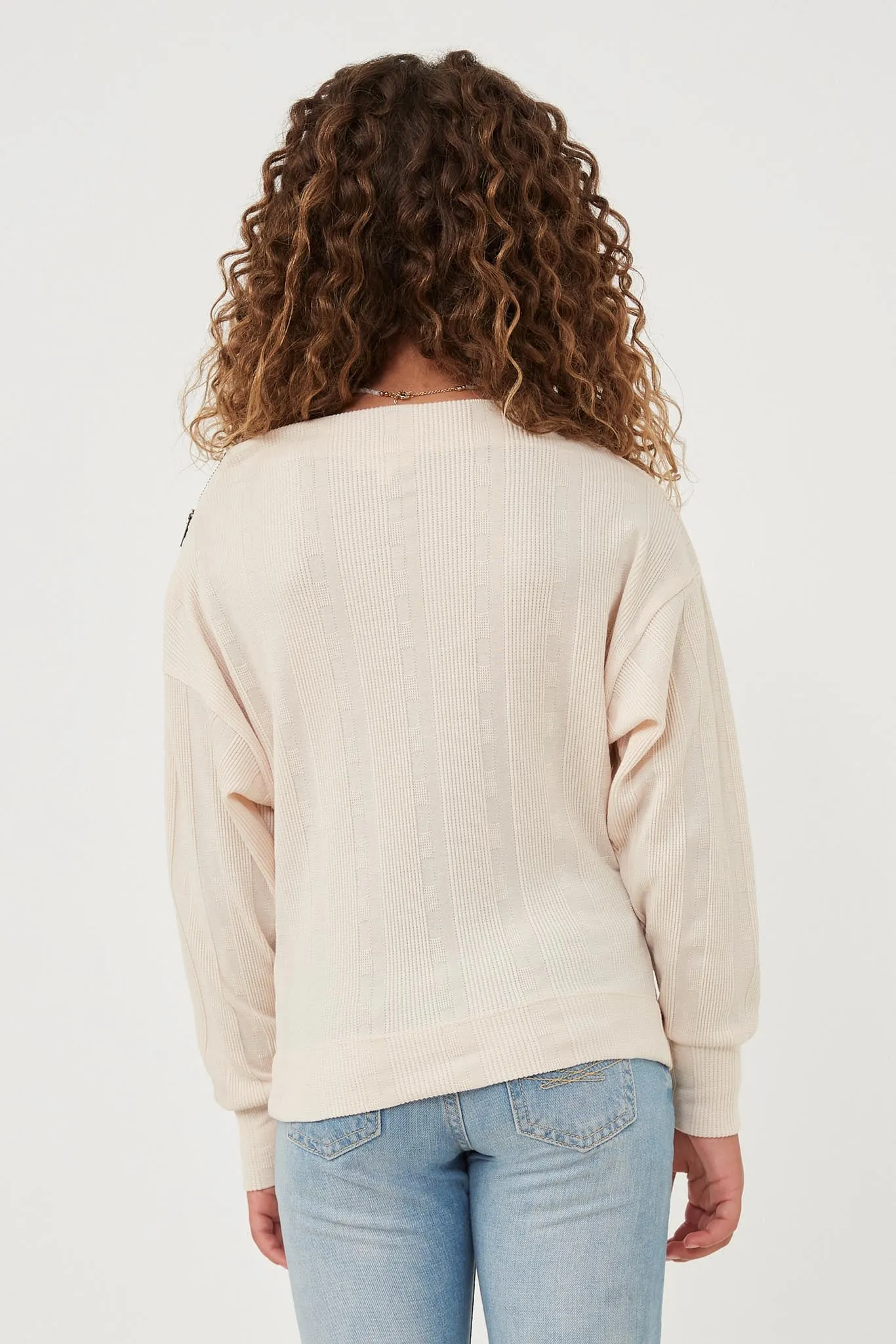 Textured Zipper Detail Long Sleeve Knit Top