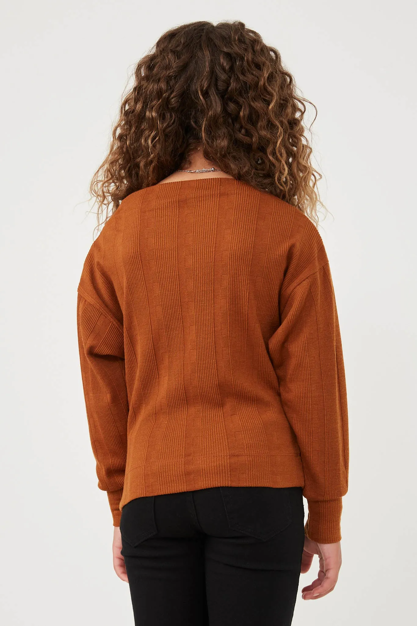 Textured Zipper Detail Long Sleeve Knit Top