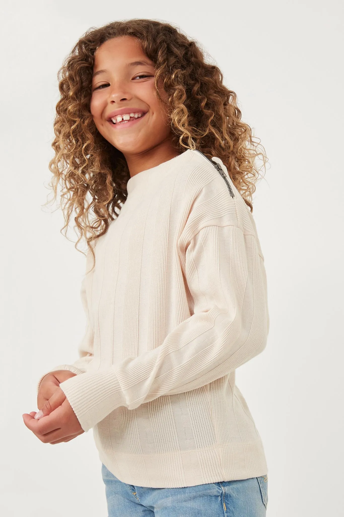 Textured Zipper Detail Long Sleeve Knit Top