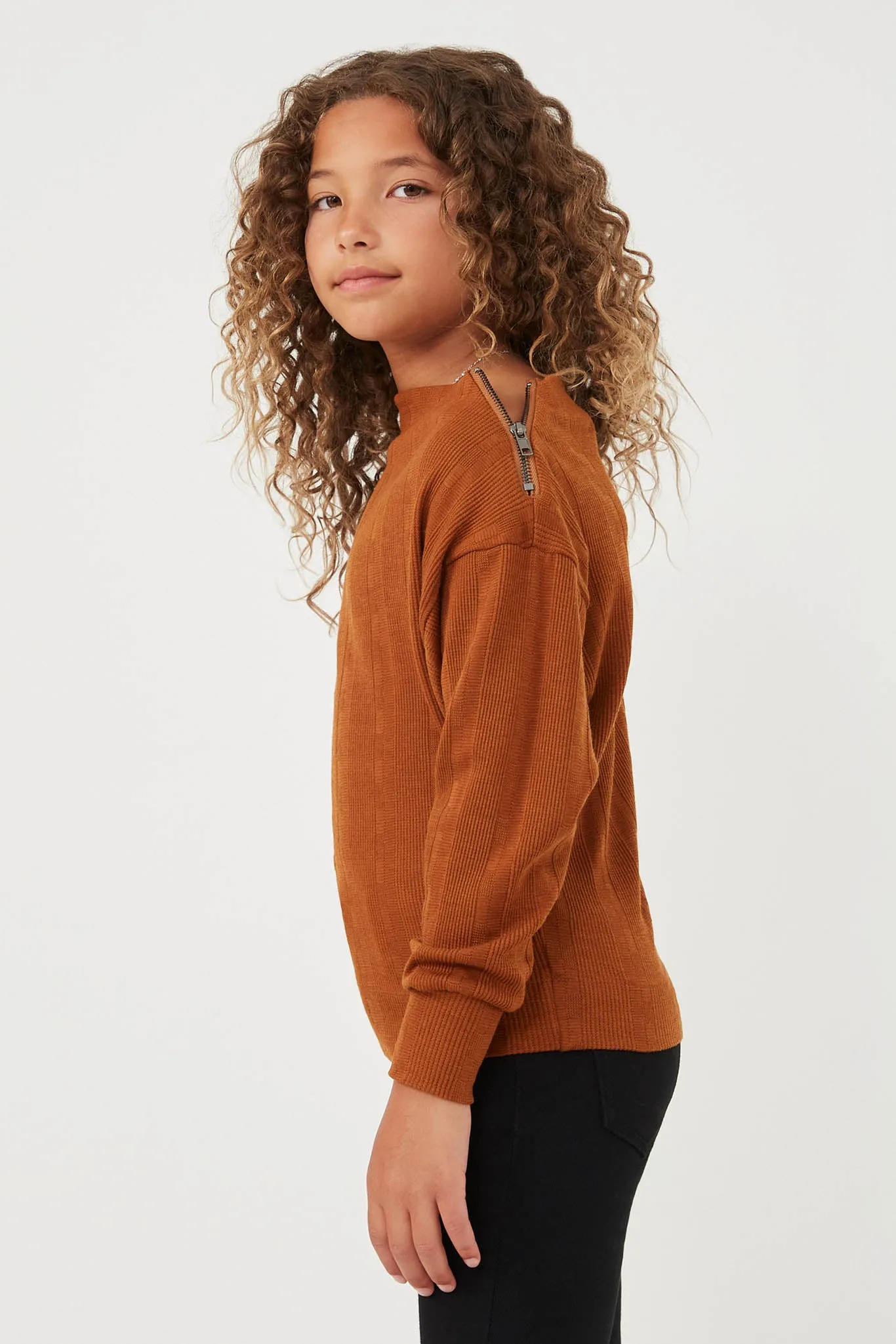 Textured Zipper Detail Long Sleeve Knit Top