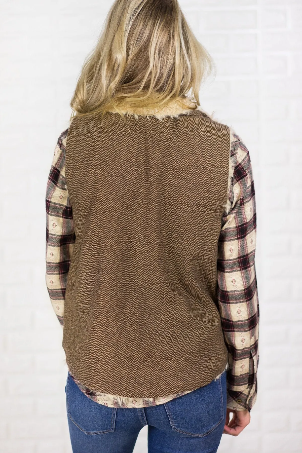 Tweed & Suede Zip Up Vest