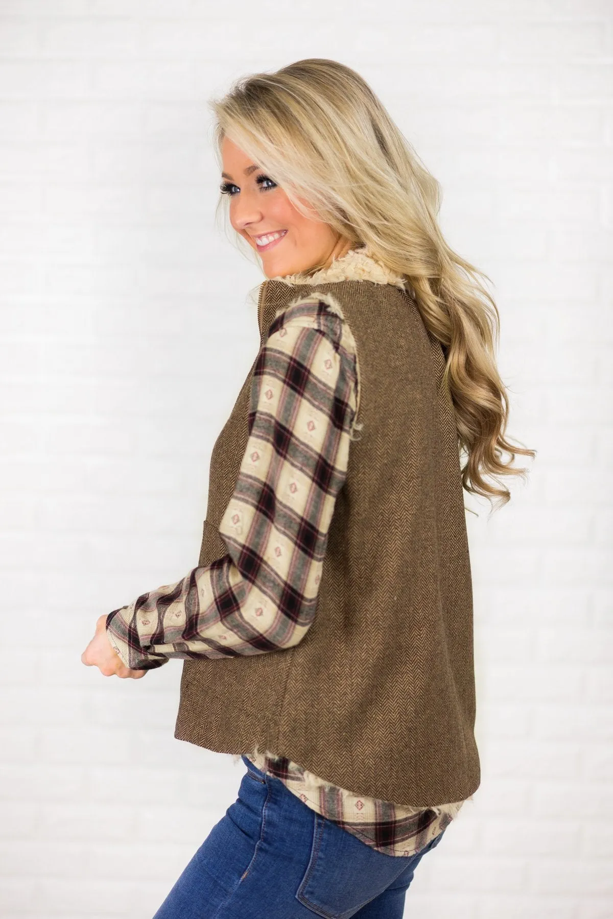 Tweed & Suede Zip Up Vest