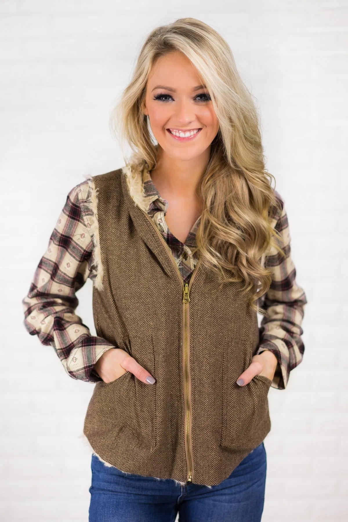 Tweed & Suede Zip Up Vest