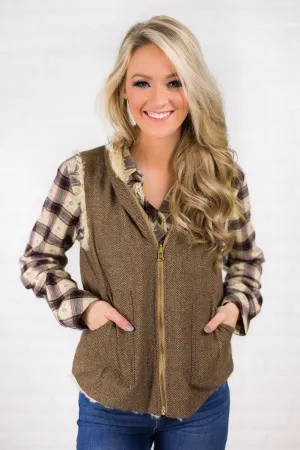 Tweed & Suede Zip Up Vest