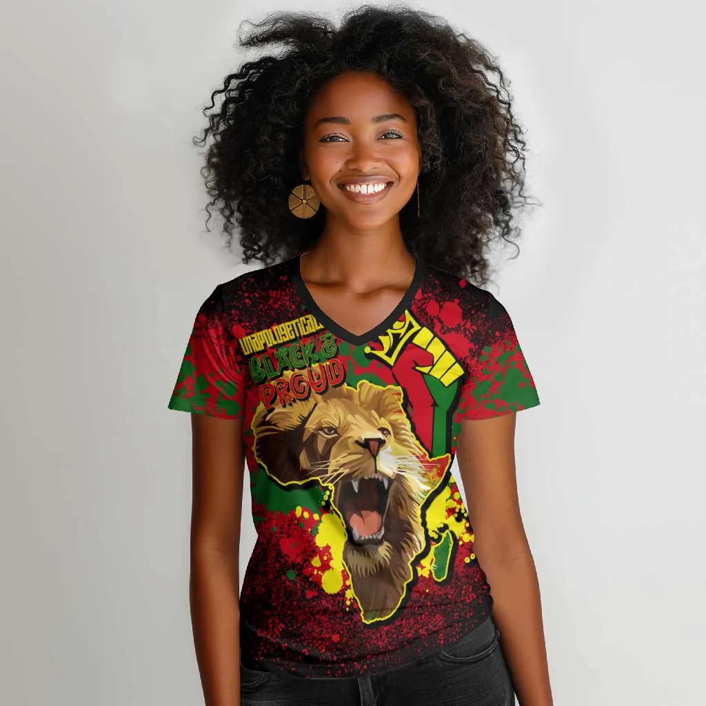 Unapologetically Black and Proud Women V-Neck T-Shirt Africa Map with Lion DT02