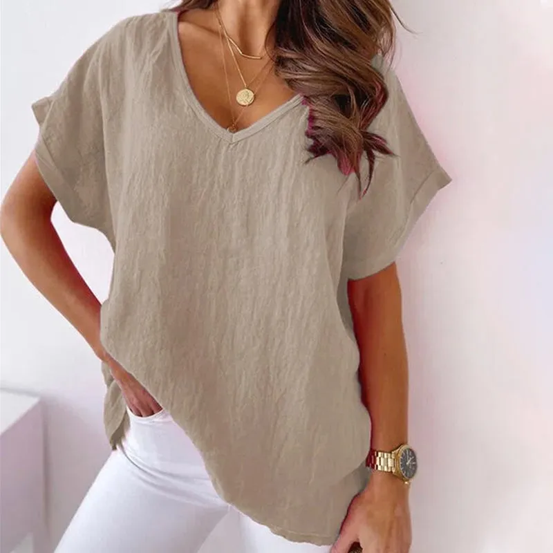 V-neck Cotton and Linen Shirt