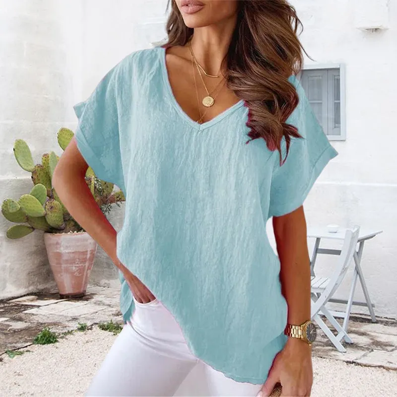 V-neck Cotton and Linen Shirt