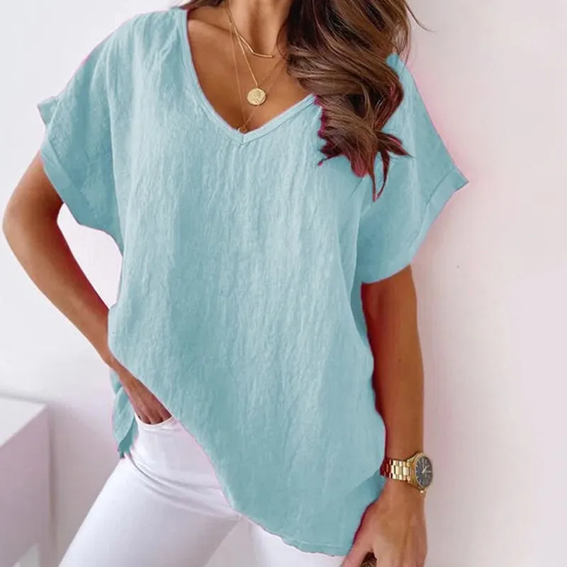 V-neck Cotton and Linen Shirt