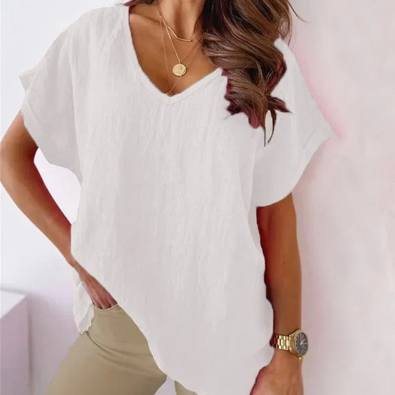 V-neck Cotton and Linen Shirt